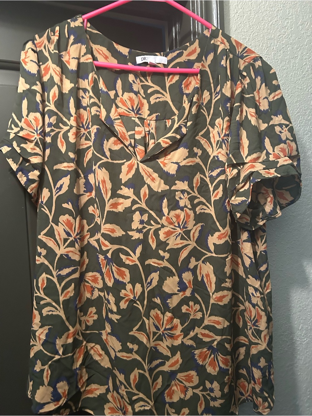 DR2 Olive Green Floral V-Neck Short Sleeve Blouse